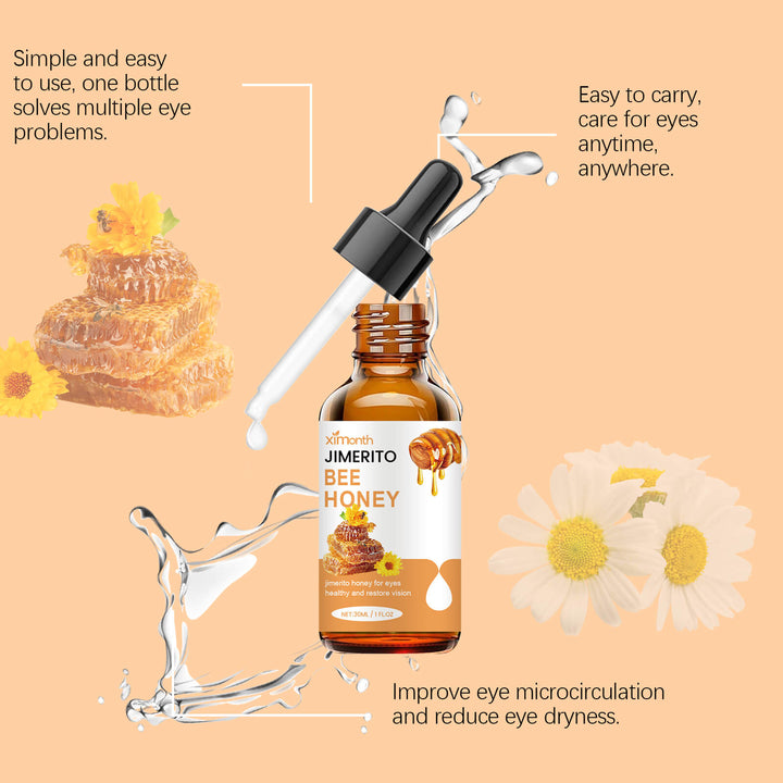Bee honey eye drop bottle with dropper on a beige background with floral elements. Ximonth Jimerito Bee Honey Eye Care for Dry Eyes Ximonth Jimerito Bee Honey Eye Care Revitalizes and Hydrates Providing Relief for Dry Eyes and Offering Soothing Care Through Its Eye Drops