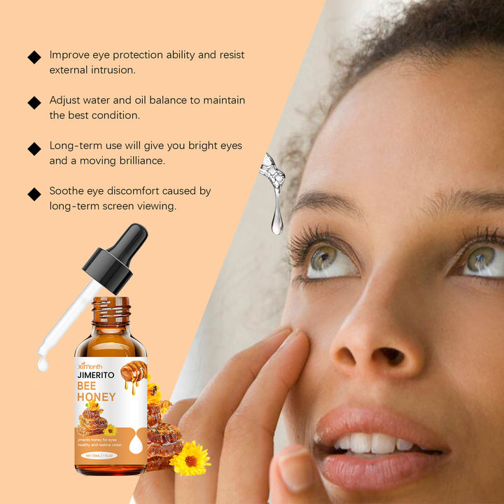 Bee honey eye drop bottle with a woman applying it to her eye, on an orange background. Ximonth Jimerito Bee Honey Eye Care for Dry Eyes Ximonth Jimerito Bee Honey Eye Care Revitalizes and Hydrates Providing Relief for Dry Eyes and Offering Soothing Care Through Its Eye Drops