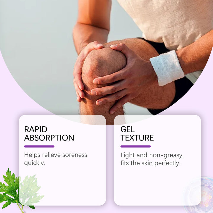 Person holding a knee with text about rapid absorption and gel texture on a light background Ximonth Joint Care Gel for Comfort and Relief Ximonth Joint Care Gel for Daily Use on the Body Promotes Comfort Around the Knees, Elbows, and Shoulders Through Easy Application on the Skin