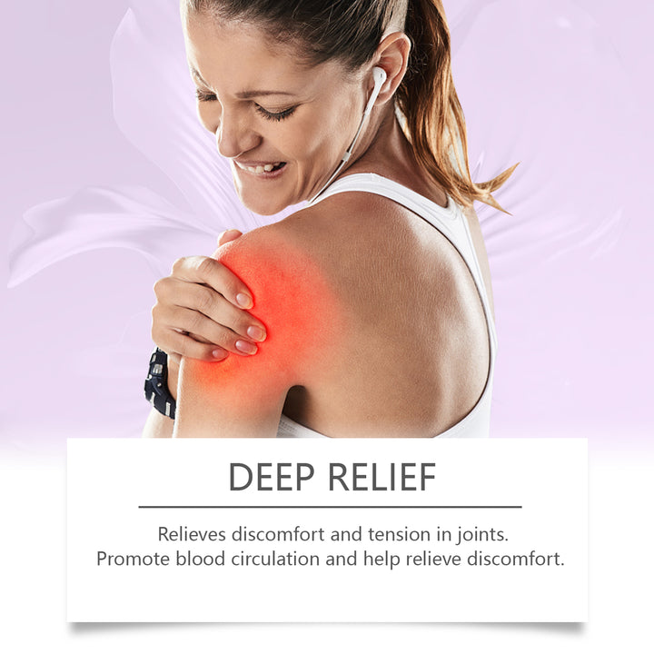 Woman with shoulder pain holding her arm, with text about deep relief for joints. Ximonth Joint Care Gel for Comfort and Relief Ximonth Joint Care Gel for Daily Use on the Body Promotes Comfort Around the Knees, Elbows, and Shoulders Through Easy Application on the Skin