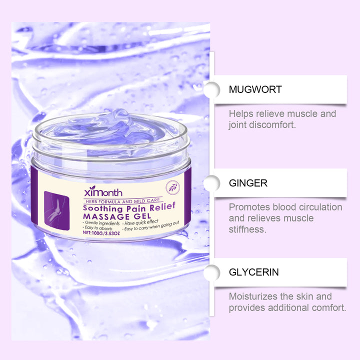 Jar of massage gel with ingredients listed on a purple background Ximonth Joint Care Gel for Comfort and Relief Ximonth Joint Care Gel for Daily Use on the Body Promotes Comfort Around the Knees, Elbows, and Shoulders Through Easy Application on the Skin