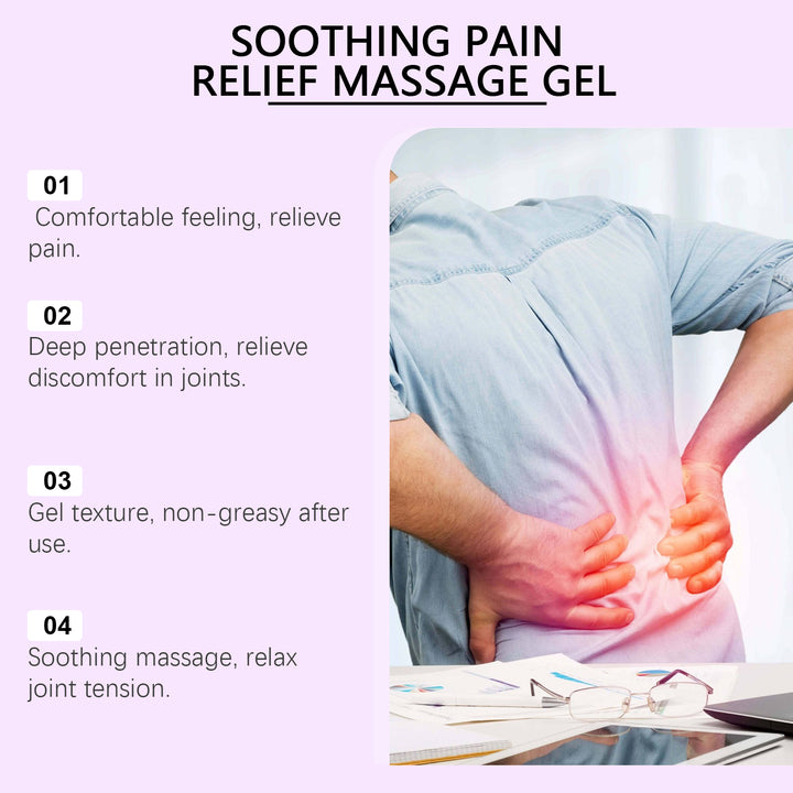 Advertisement for soothing pain relief massage gel with a person holding their back in discomfort. Ximonth Joint Care Gel for Comfort and Relief Ximonth Joint Care Gel for Daily Use on the Body Promotes Comfort Around the Knees, Elbows, and Shoulders Through Easy Application on the Skin